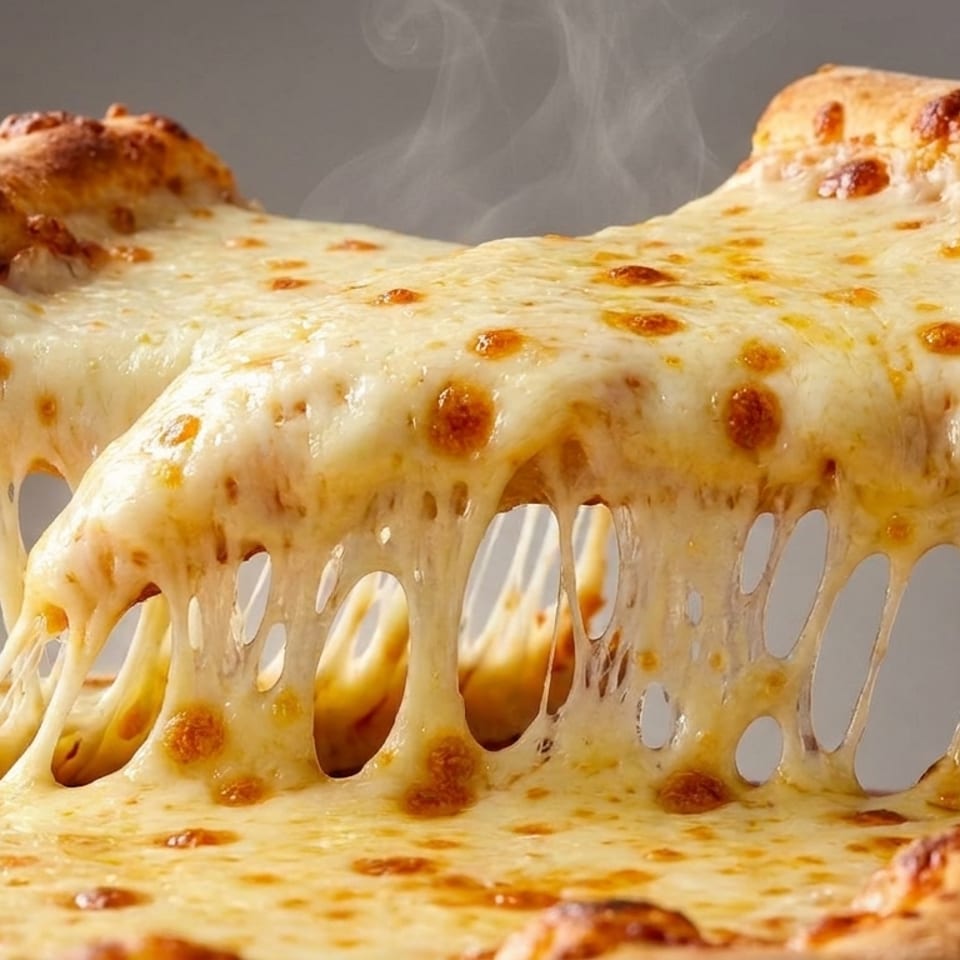 A hot, cheesy slice of pizza being lifted, with long strings of melted mozzarella stretching.