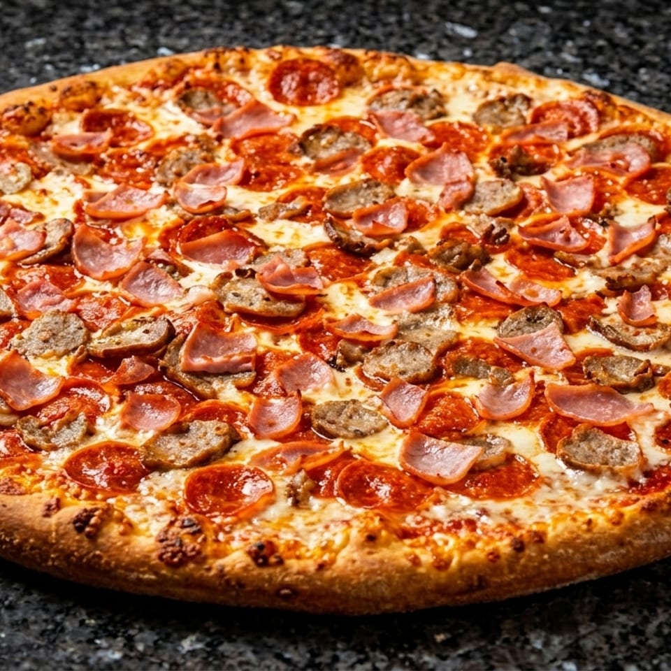 A whole meat lover's pizza with pepperoni, ham, and sausage on a dark speckled surface.