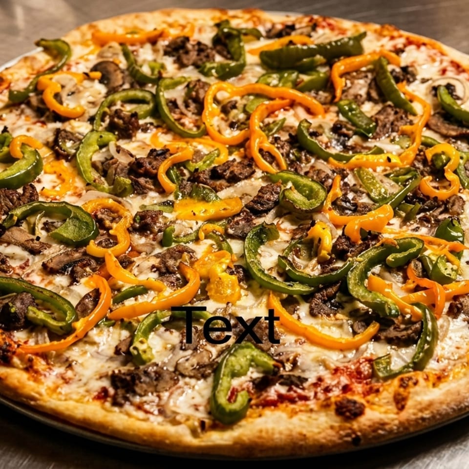 Whole pizza with green and orange bell peppers, mushrooms, and meat on a metal surface.