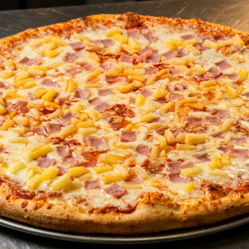 A whole Hawaiian pizza with ham and pineapple on a metal pan.