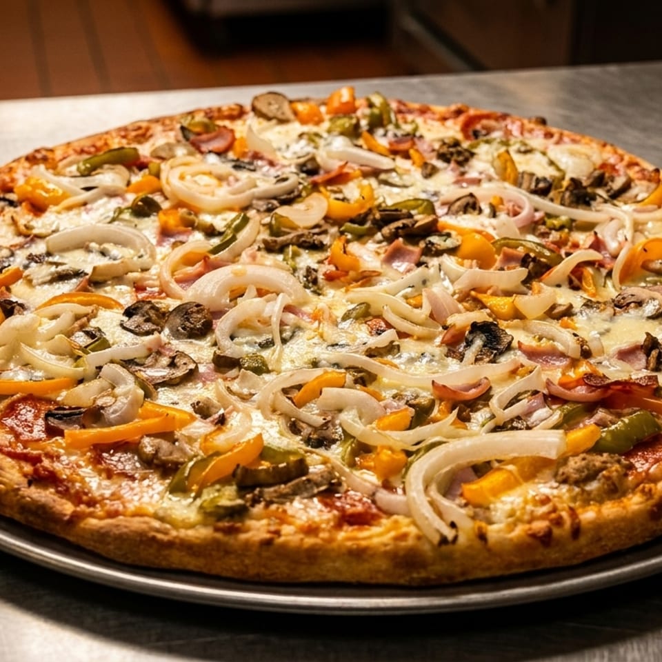 A freshly baked pizza with onions, bell peppers, mushrooms, and ham on a metal tray.