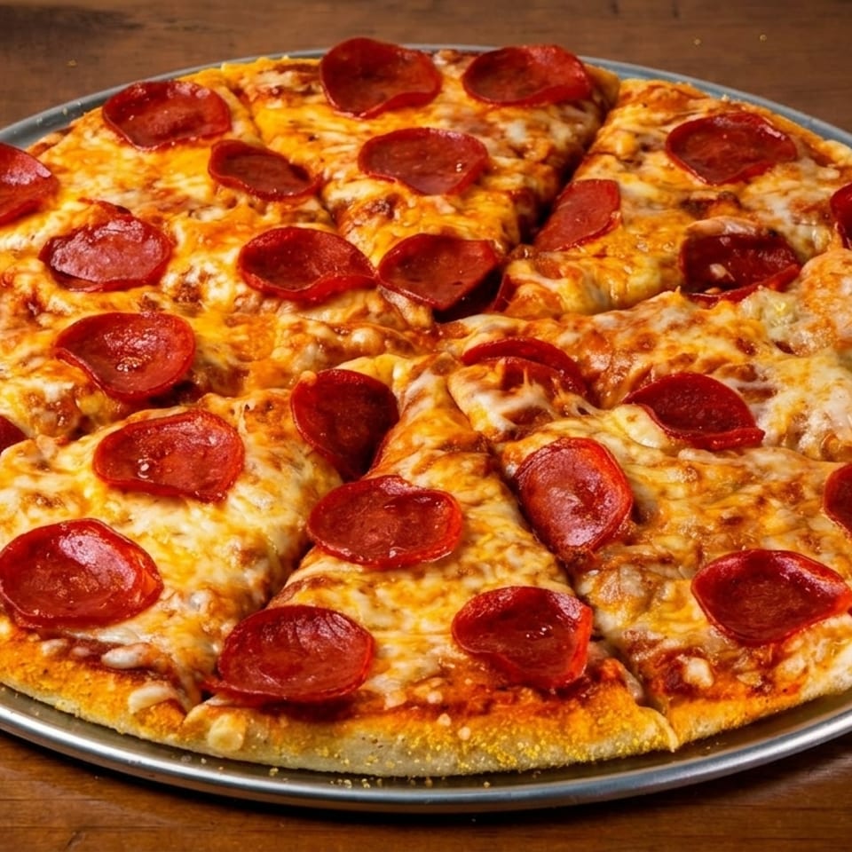 A whole pepperoni pizza, sliced, on a metal pan, centered on a wooden table.